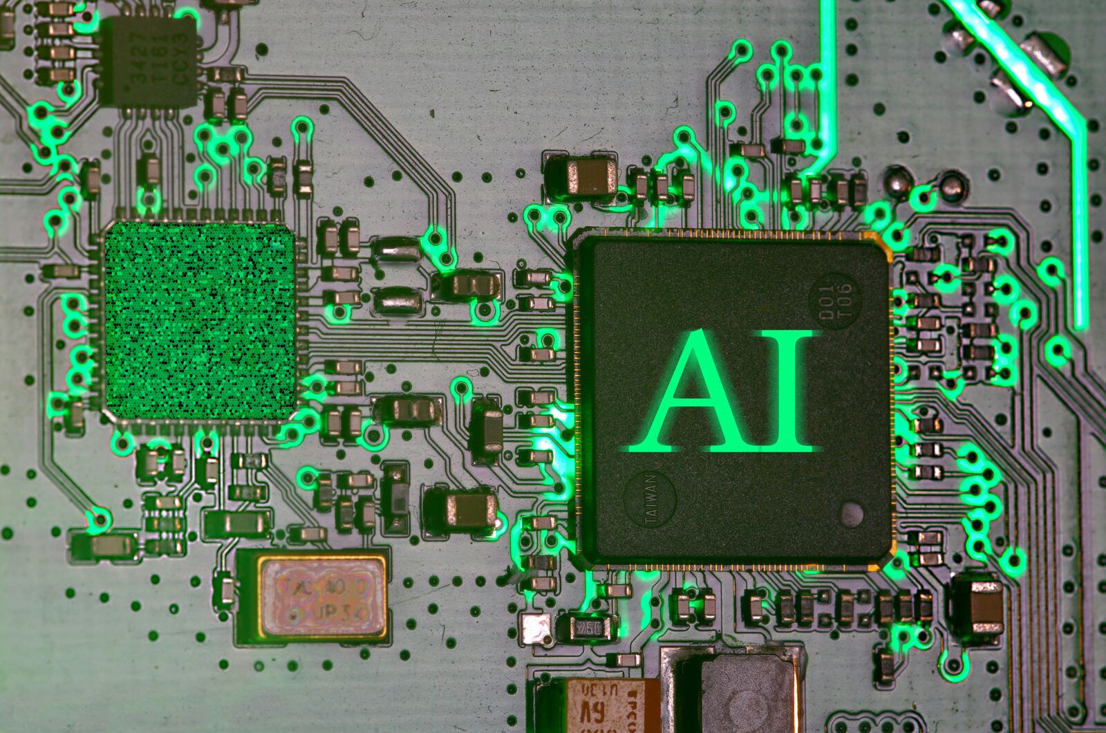 Glowing AI chip on a circuit board — Quantum AI and Machine Learning